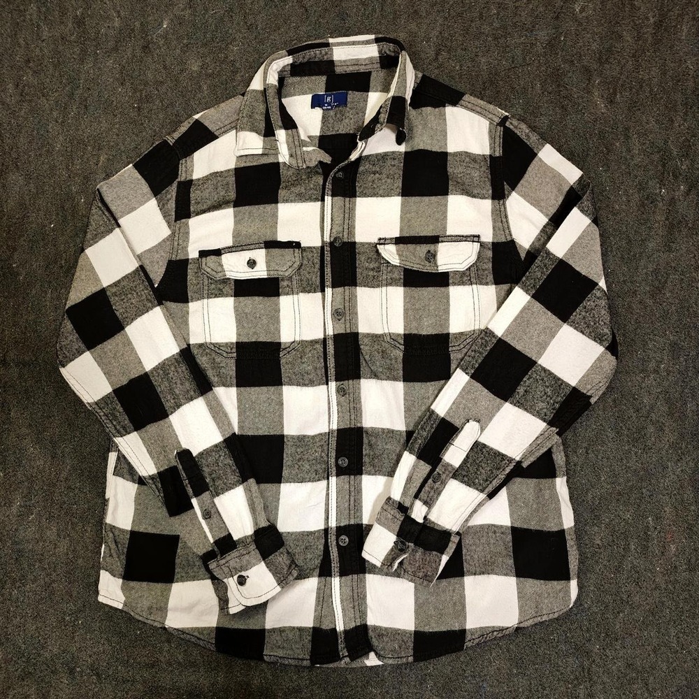 George Mens Black White Buffalo Plaid Flannel Shirt Button Down Size M